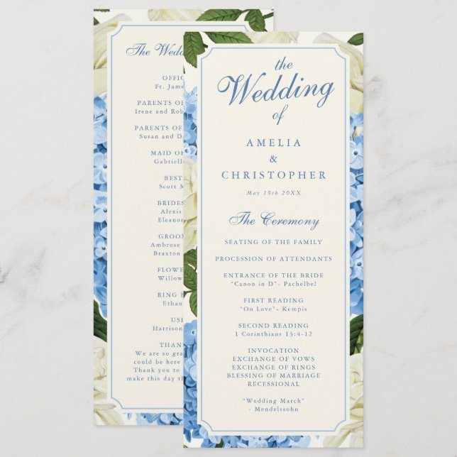Blue Hydrangea Flowers White Roses Wedding Programme (Front/Back)