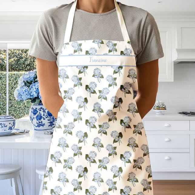 Blue Hydrangea Flowers with Blue Bows Apron (Blue Hydrangea bow apron)