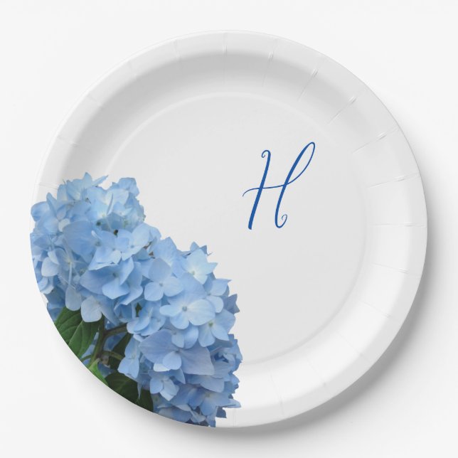 Blue Hydrangea Flowers Wood Background Paper Plate (Front)