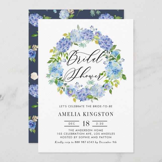 Blue Hydrangea Flowers Wreath Bridal Shower Invitation (Front/Back)