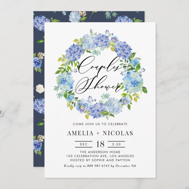 Blue Hydrangea Flowers Wreath Couples Shower Invitation (Front/Back)
