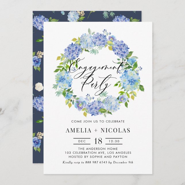 Blue Hydrangea Flowers Wreath Engagement Party Invitation (Front/Back)