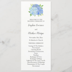 Blue Hydrangea Foliage Watercolor Floral Wedding Programme
