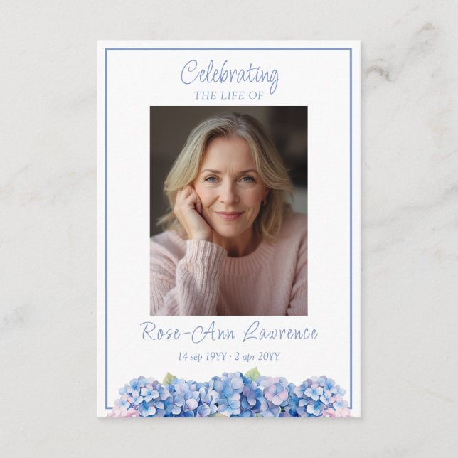 Blue Hydrangea Funeral Memorial Prayer Card (Front)