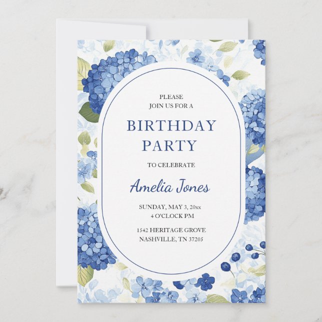 Blue Hydrangea Garden Birthday Invitation (Front)
