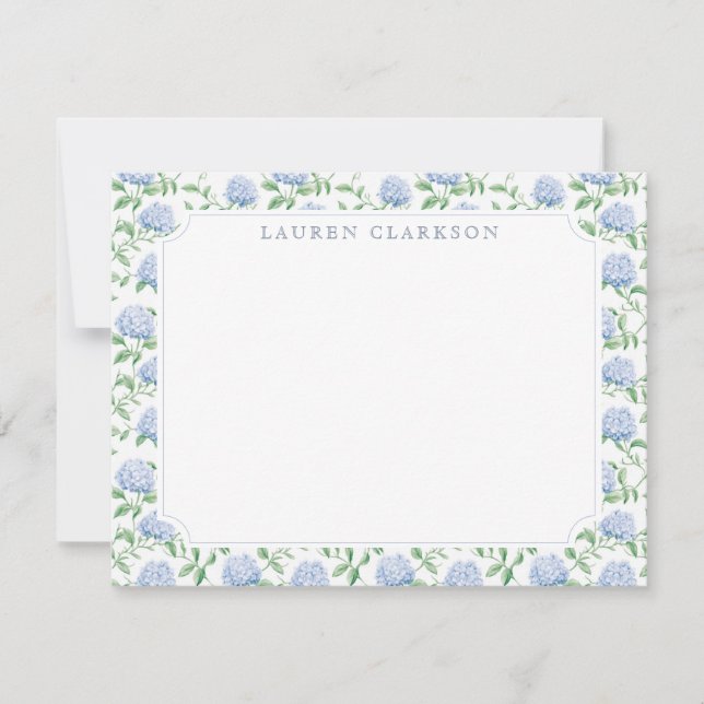 Blue Hydrangea Garden Border Elegant Note Card (Front)