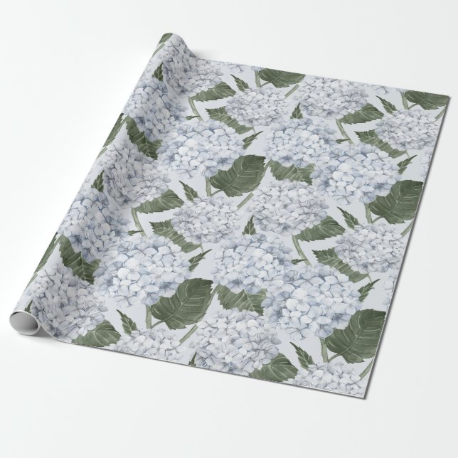 Blue Hydrangea Garden Floral  Wrapping Paper (Unrolled)