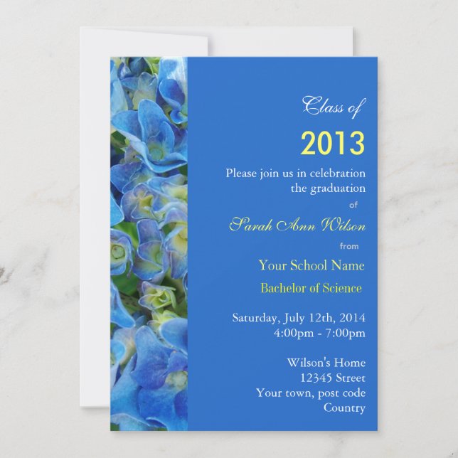 Blue hydrangea garden flower graduation party invitation (Front)