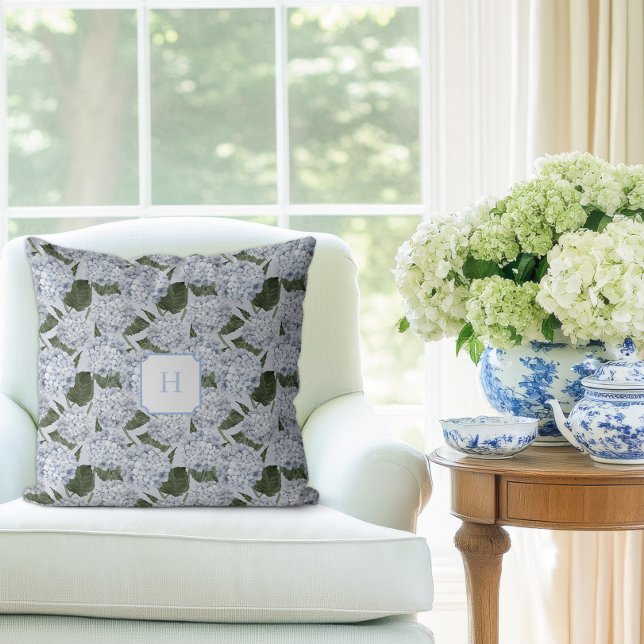 Blue Hydrangea Garden Monogram   Cushion (Hydrangea Garden Monogram Pillow)