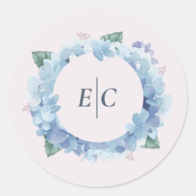 Blue Hydrangea Garden Monogram Wedding Sticker (Front)