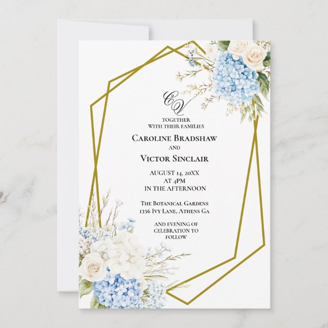 Blue Hydrangea Geometric Wedding Invitation (Front)