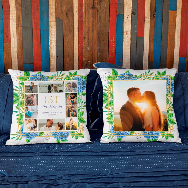 Blue Hydrangea Gold 1st Anniversary Photo Collage Cushion (Creator Uploaded)