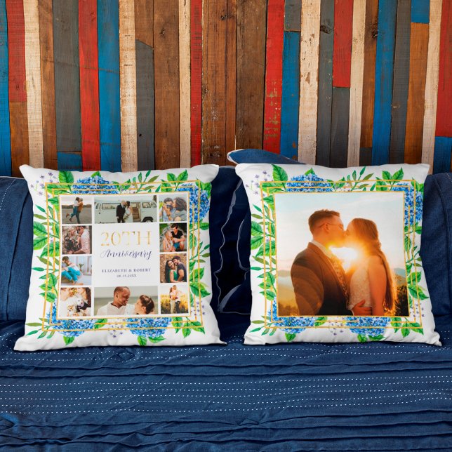 Blue Hydrangea Gold 20th Anniversary Photo Collage Cushion (Creator Uploaded)