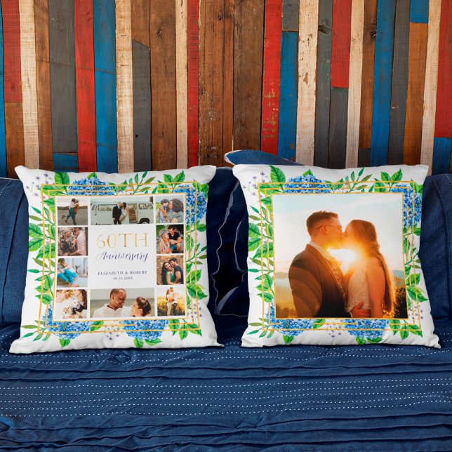 Blue Hydrangea Gold 60th Anniversary Photo Collage Cushion (Creator Uploaded)
