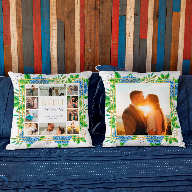 Blue Hydrangea Gold 65th Anniversary Photo Collage Cushion (Creator Uploaded)