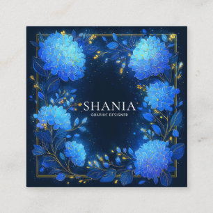 Blue Hydrangea Gold Celestial Frame Midnight Square Business Card
