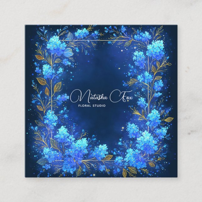 Blue Hydrangea Gold Celestial Frame Midnight Square Business Card (Front)