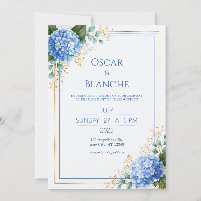 Blue Hydrangea Gold Foil Border Wedding Invitation (Front)
