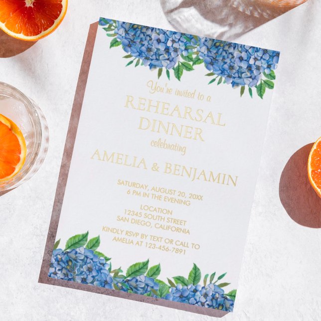 Blue Hydrangea Gold Foil Wedding Rehearsal Dinner (Creator Uploaded)