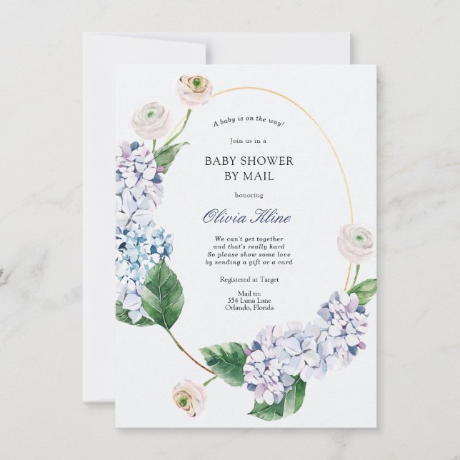 Blue Hydrangea Gold Frame Baby Shower by Mail Invitation (Front)