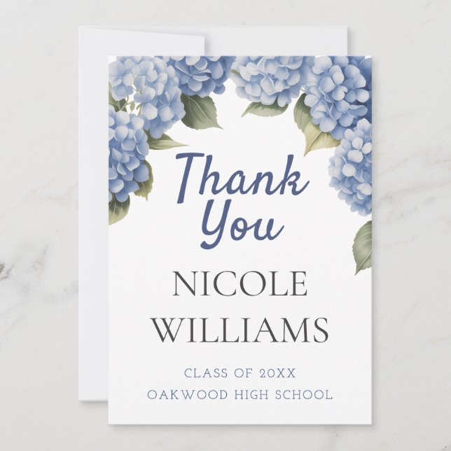 Blue Hydrangea Graduation Thank You Card (Front)
