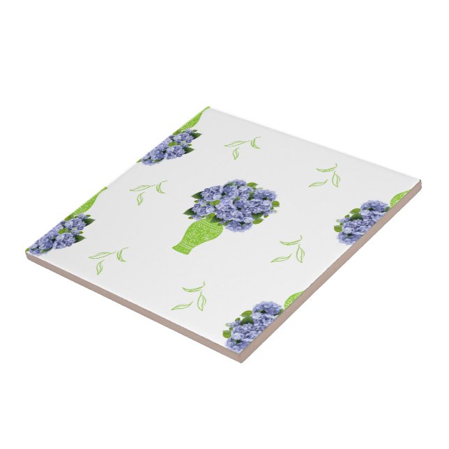 Blue Hydrangea Green Vase Coastal Pattern Tile (Side)