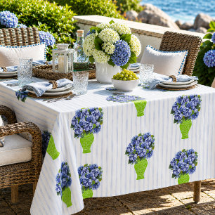 Blue Hydrangea Green Vase Coastal Stripe Pattern Tablecloth