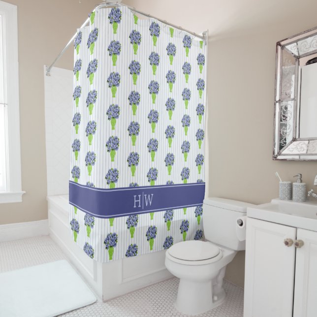  Blue Hydrangea Green Vase Coastal Stripe  Shower Curtain (In Situ)