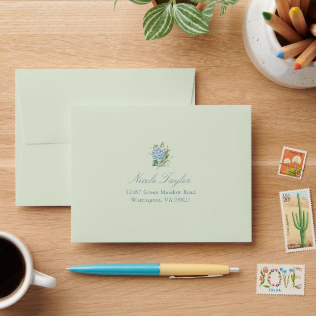 Blue Hydrangea Green Wedding Reply Envelope  (Desk)