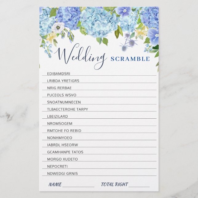 Blue Hydrangea  Greenery Bridal Shower Game (Front)