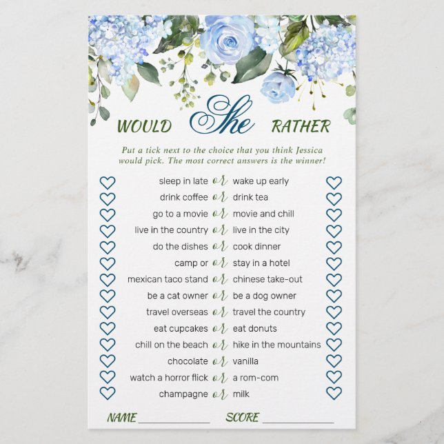 Blue Hydrangea Greenery Bridal Shower Game (Front)