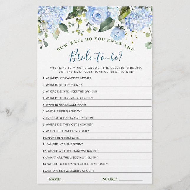 Blue Hydrangea Greenery Bridal Shower Game (Front)