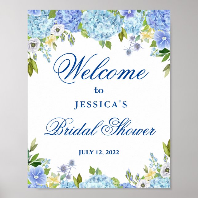 Blue Hydrangea  Greenery Bridal Shower Welcome Poster (Front)