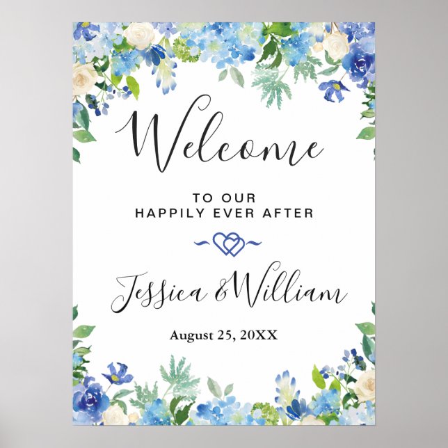 Blue Hydrangea  Greenery Chic Wedding Welcome Poster (Front)
