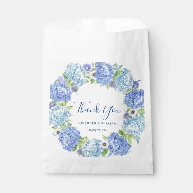 Blue Hydrangea  Greenery Love and Thanks Wedding Favour Bags (Front)