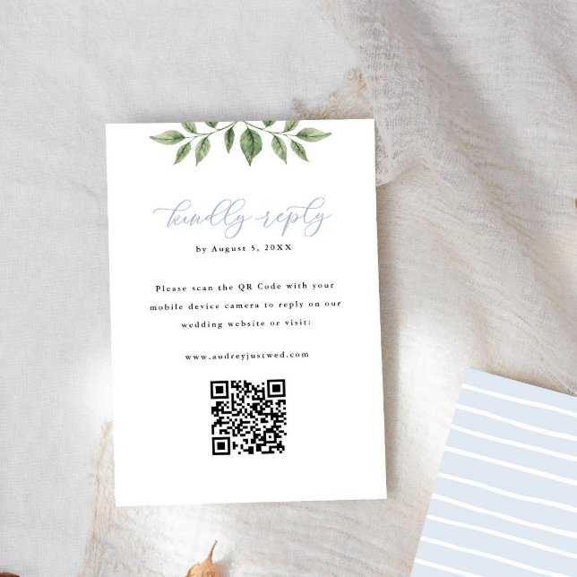 Blue Hydrangea Greenery QR Code Reply Vertical RSVP Card (Creator Uploaded)