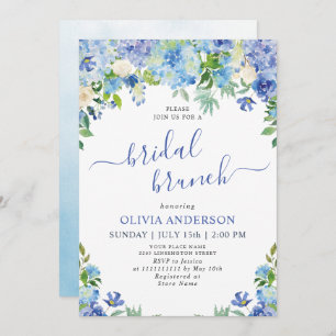 Blue Hydrangea Greenery Watercolor Bridal Brunch Invitation