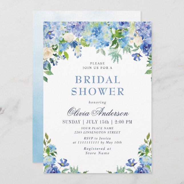 Blue Hydrangea Greenery Watercolor Bridal Shower Invitation (Front/Back)