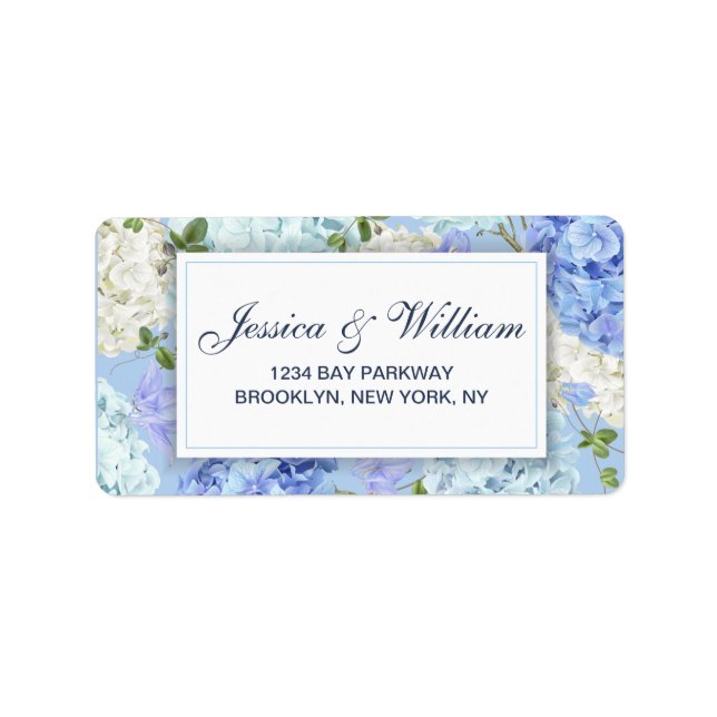 Blue Hydrangea Greenery Watercolor Floral Label (Front)