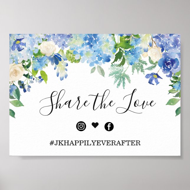 Blue Hydrangea Greenery Wedding Hashtag Sign (Front)