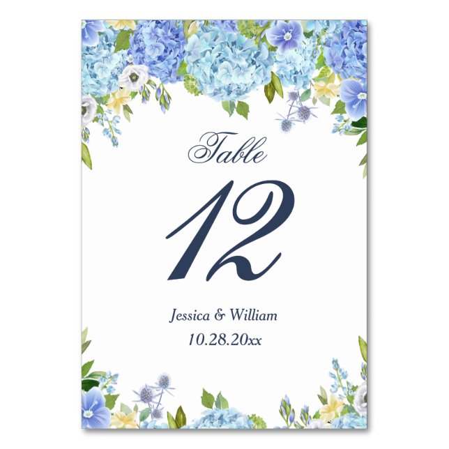 Blue Hydrangea Greenery Wedding Table Number (Front)