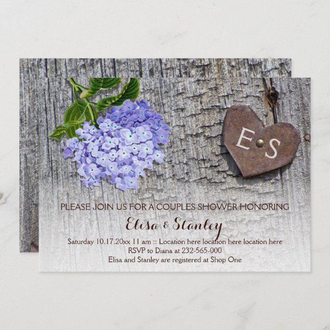 Blue hydrangea heart floral couples shower wedding invitation (Front/Back)