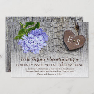Blue hydrangea & heart, monogram on wood wedding invitation