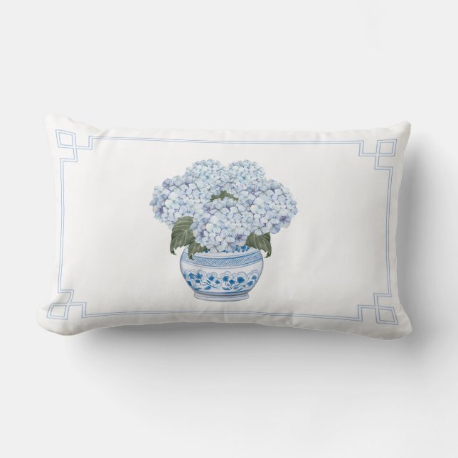 Blue Hydrangea in Chinoiserie Planter  Lumbar Cushion (Front)
