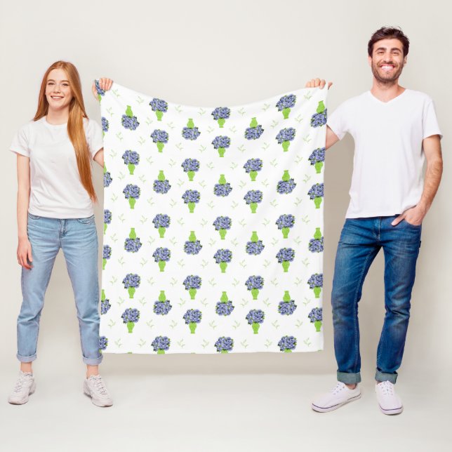 Blue Hydrangea in Green Vase Floral Pattern Fleece Blanket (In Situ)