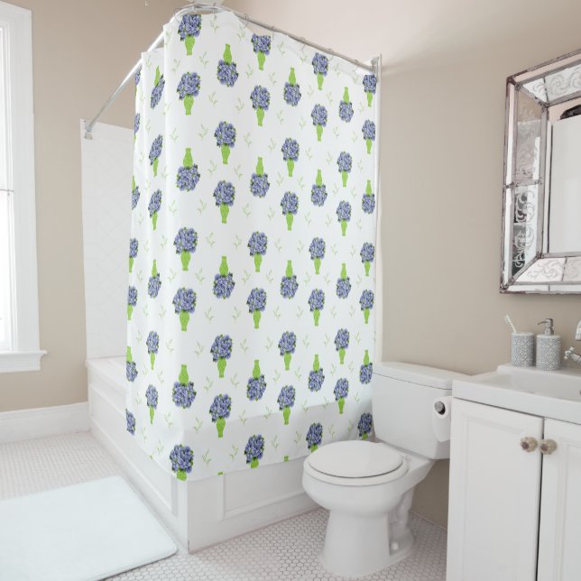 Blue Hydrangea in Green Vase Floral Pattern Shower Curtain (In Situ)