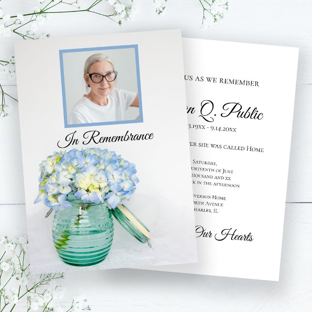 Blue Hydrangea in Jar Death Anniversary Memorial  Invitation (Creator Uploaded)