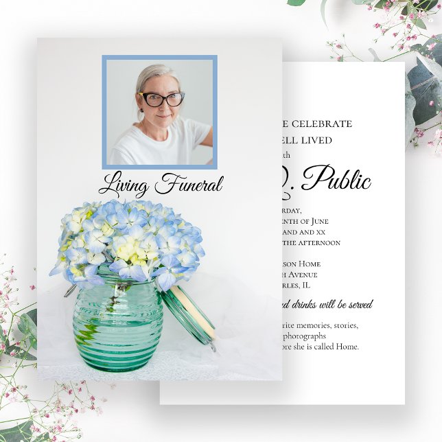 Blue Hydrangea in Jar Living Funeral Party Invitation (Creator Uploaded)
