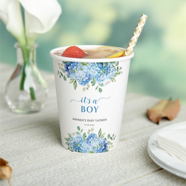 Blue Hydrangea It's a Boy Baby Shower Paper Cups (Insitu)