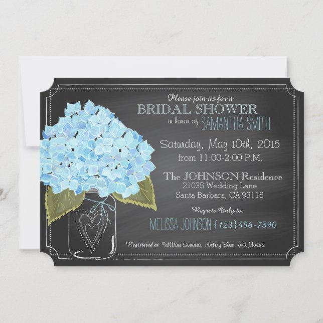 Blue Hydrangea Jar Chalkboard Bridal Shower Invitation (Front)